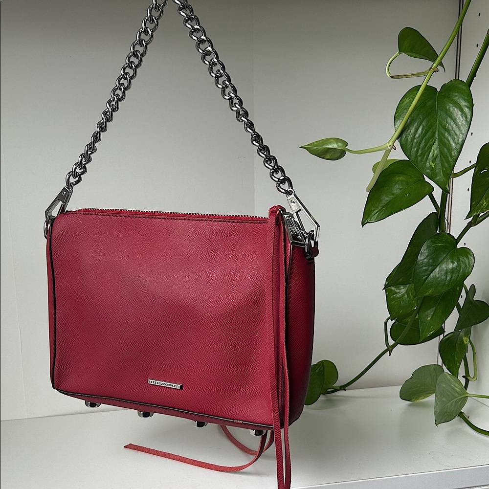 Rebecca Minkoff Avery Saffiano Leather Handbag w/ Silver Chain Strap (Deep Red)